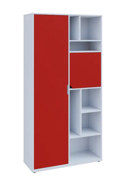 KSR6-83 L skříň šatní, 1x výsuvné ramínko, dvířka, niky, 2053x1022x400 mm, provedení levé, bílá sněžná/červená